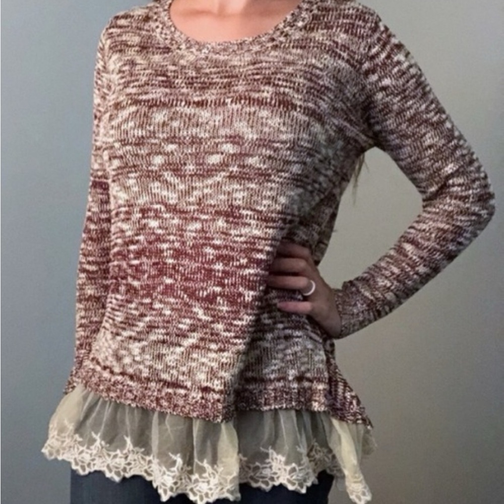 Rewind Women's Marled Knit Sweater with Lace Hem